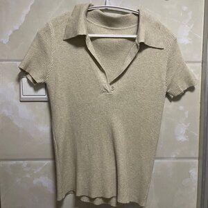 Beige Ribbed Knit Polo T - Shirt